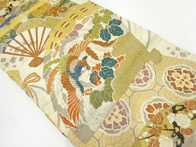 JAPANESE KIMONO / ANTIQUE MARU OBI / WOVEN PHOENIX & FLOWER